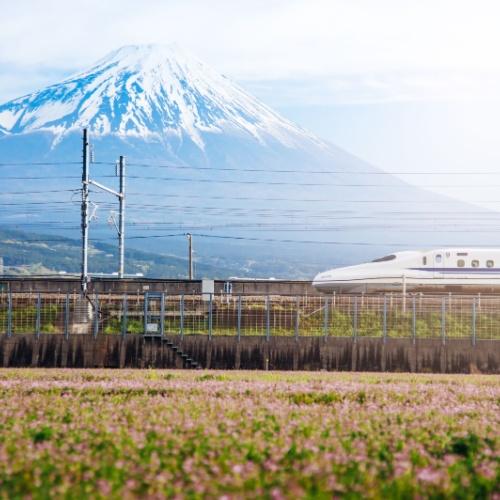 Een passerende trein met uitzicht op Mount Fuji