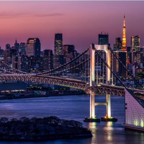 Skyline van Tokyo in de avonduren